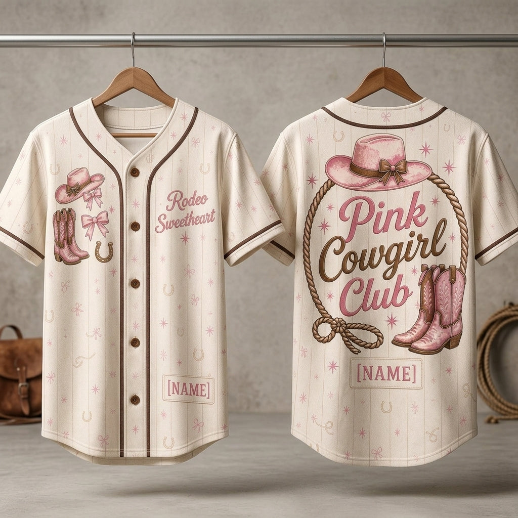 Personalized Pink Cowgirl Club Baseball Jersey - Custom Name Rodeo Sweetheart Western Outfit for Women