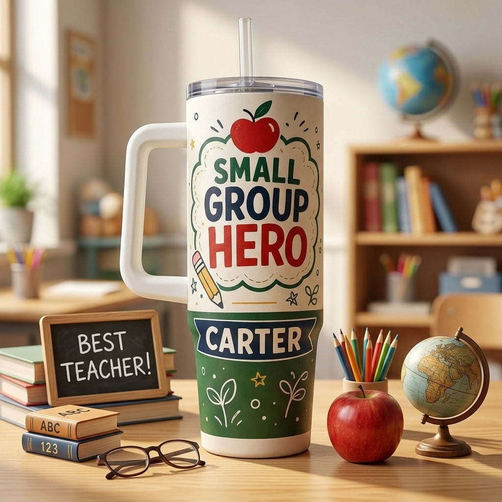 Personalized Classroom Aide 40oz Tumbler with Handle - Custom Name Small Group Hero Teacher Assistant Gift