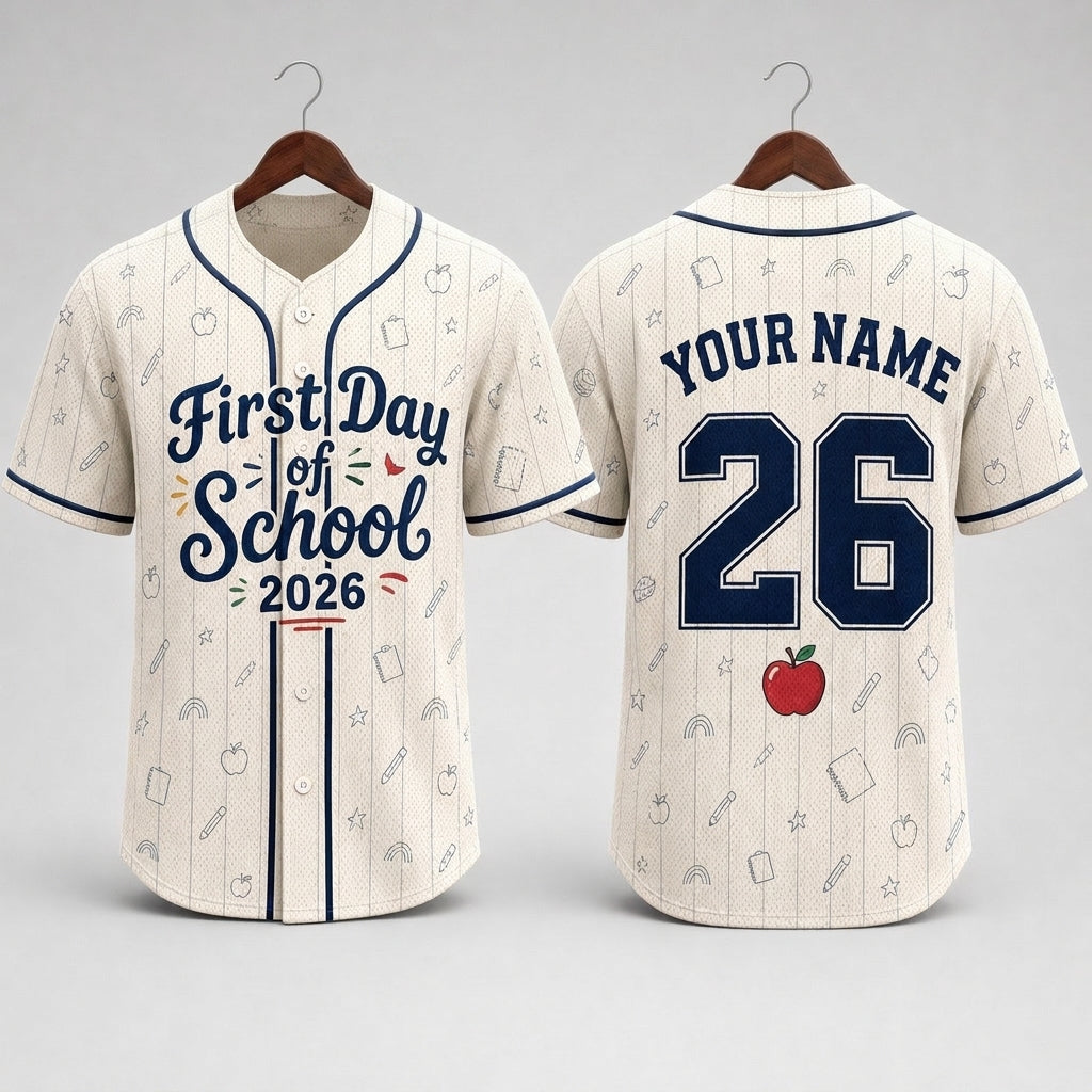 Personalized First Day of School 2026 Baseball Jersey - Custom Name and Number Student Shirt
