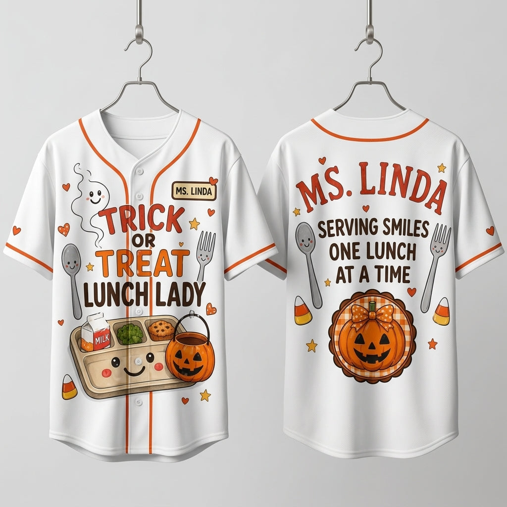 Personalized Trick or Treat Lunch Lady Halloween Baseball Jersey - Custom Name Cafeteria Staff Gift Apparel