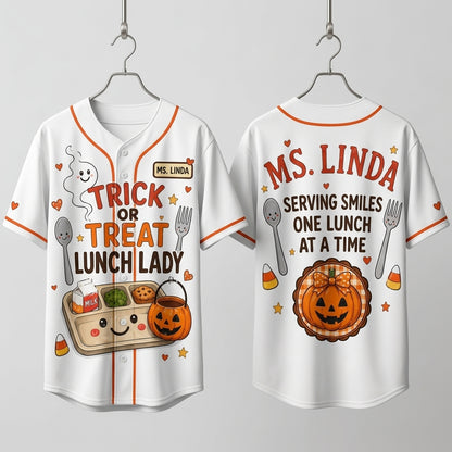 Personalized Trick or Treat Lunch Lady Halloween Baseball Jersey - Custom Name Cafeteria Staff Gift Apparel
