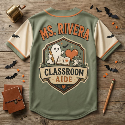 Personalized Spooky Support Crew Baseball Jersey - Custom Classroom Aide Ghost Halloween Shirt for Teachers