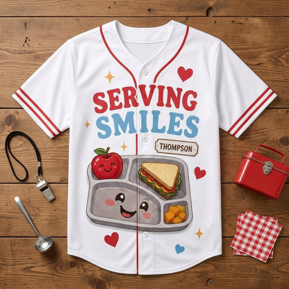 Personalized Lunch Lady Baseball Jersey - Custom Name Serving Smiles School Staff Gift