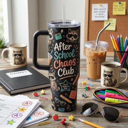 Personalized After School Chaos Club 40oz Tumbler with Handle - Custom Teacher Raccoon Gift