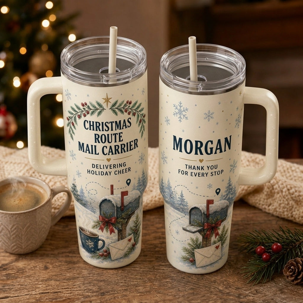 Personalized Christmas Route Mail Carrier 40oz Tumbler with Handle, Custom Name Postal Worker Gift