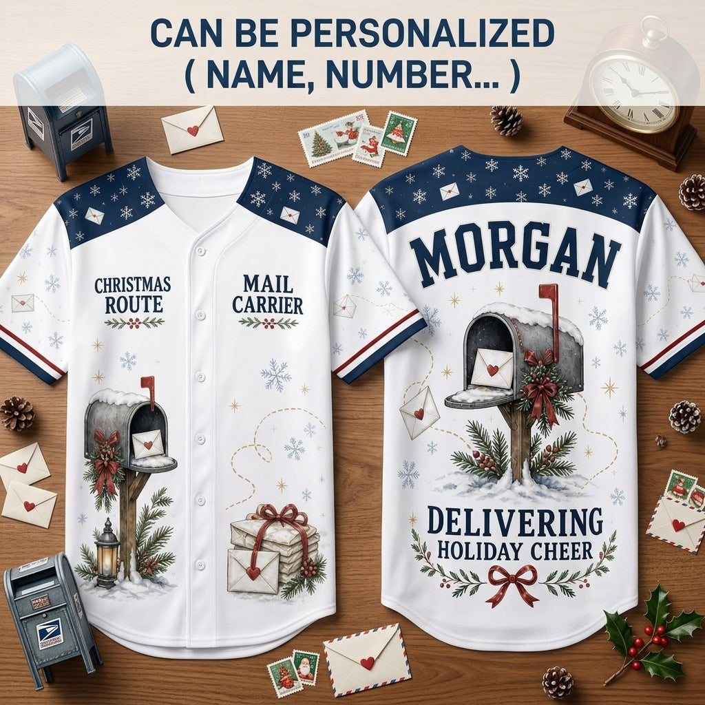 Personalized Mail Carrier Christmas Baseball Jersey - Custom Name Postal Worker Holiday Shirt