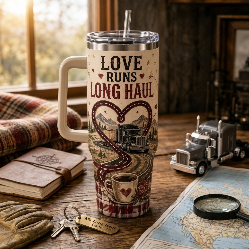 Personalized Truck Driver Wife 40oz Tumbler with Handle - Love Runs Long Haul Custom Name Travel Mug