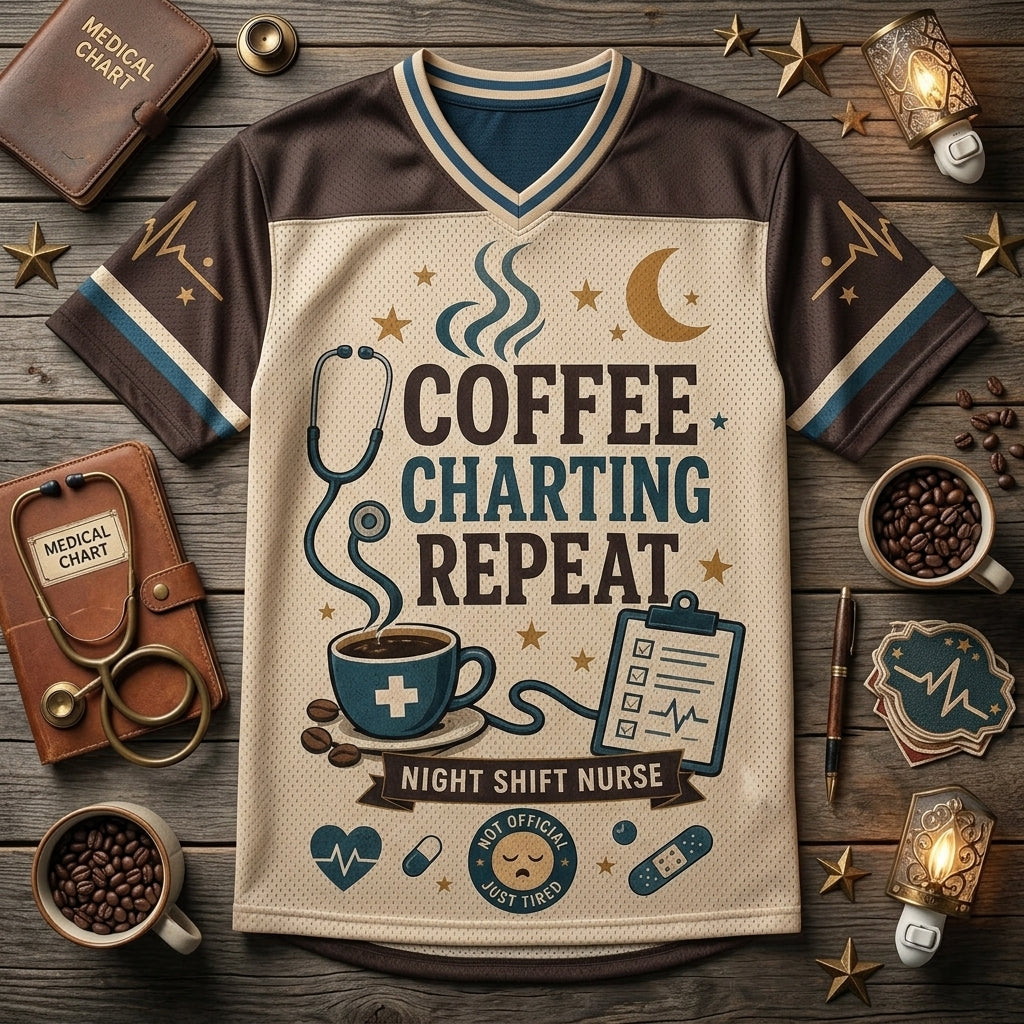 Personalized Coffee Charting Repeat Night Shift Nurse Football Jersey - Custom Name Mesh Mesh Athletic Shirt
