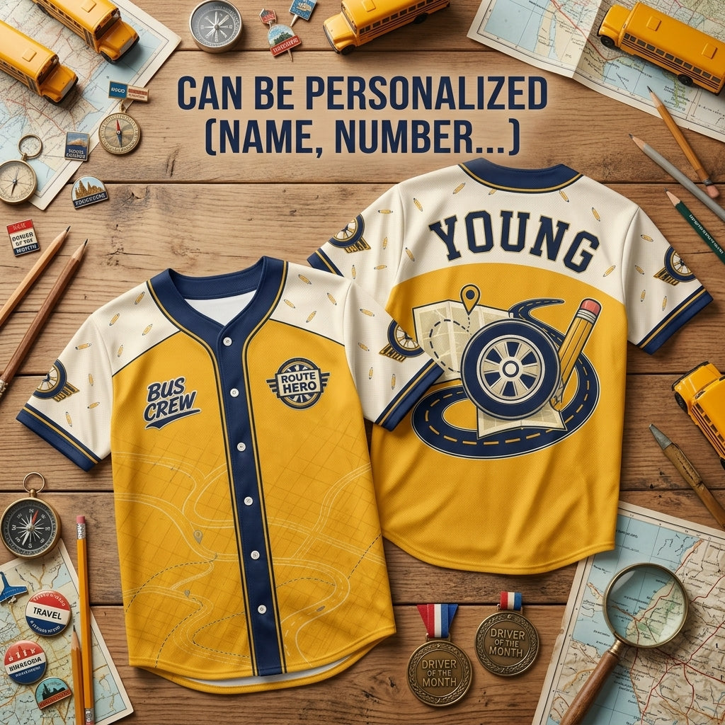 Personalized School Bus Driver Baseball Jersey - Custom Name Bus Crew Route Hero Appreciation Gift