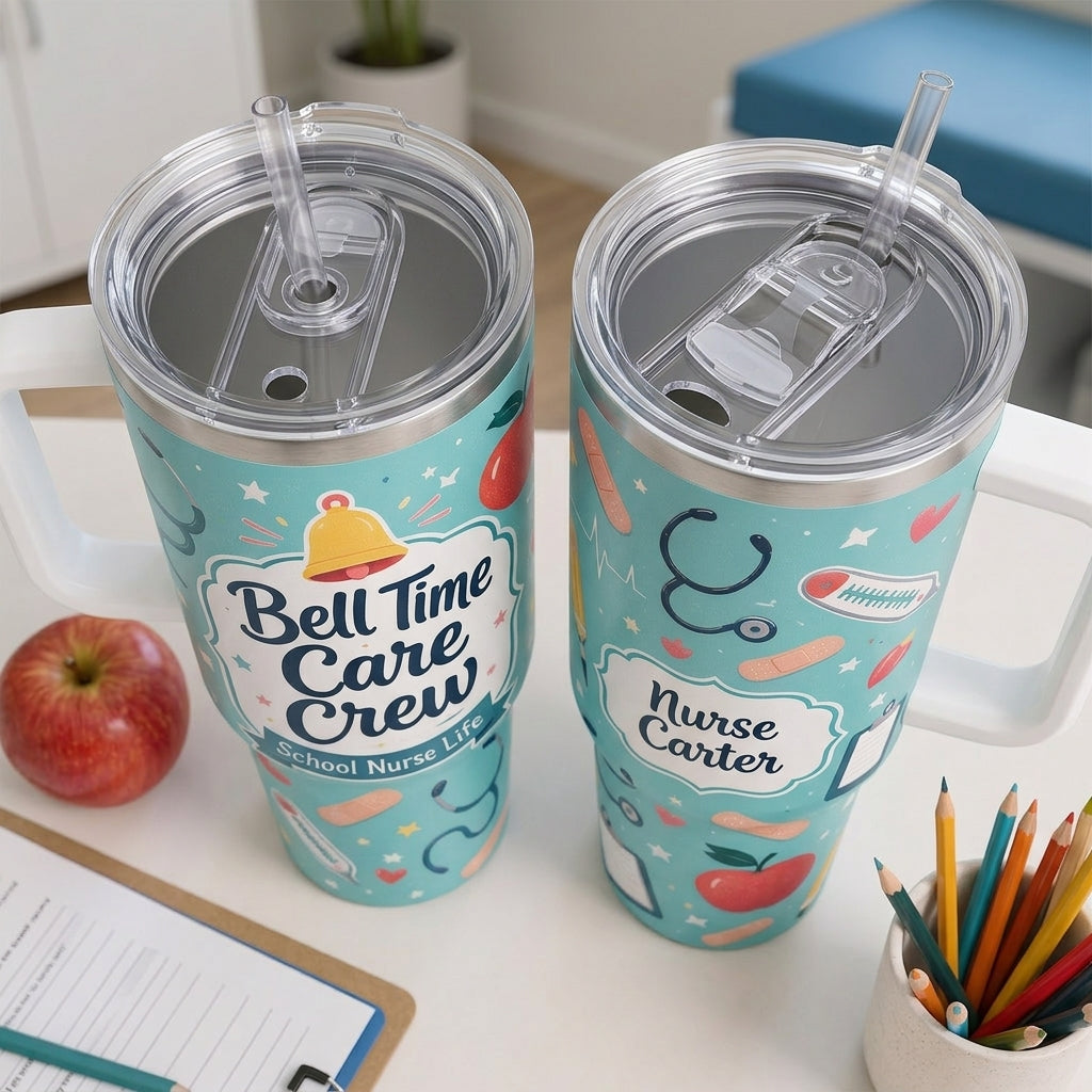 Personalized School Nurse 40oz Tumbler with Handle - Custom Bell Time Care Crew Gift