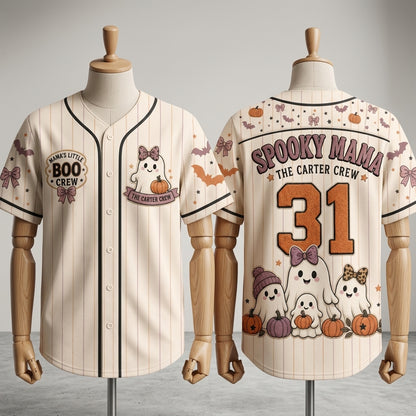 Personalized Spooky Mama Halloween Baseball Jersey - Custom Family Name Boo Crew Ghost Shirt