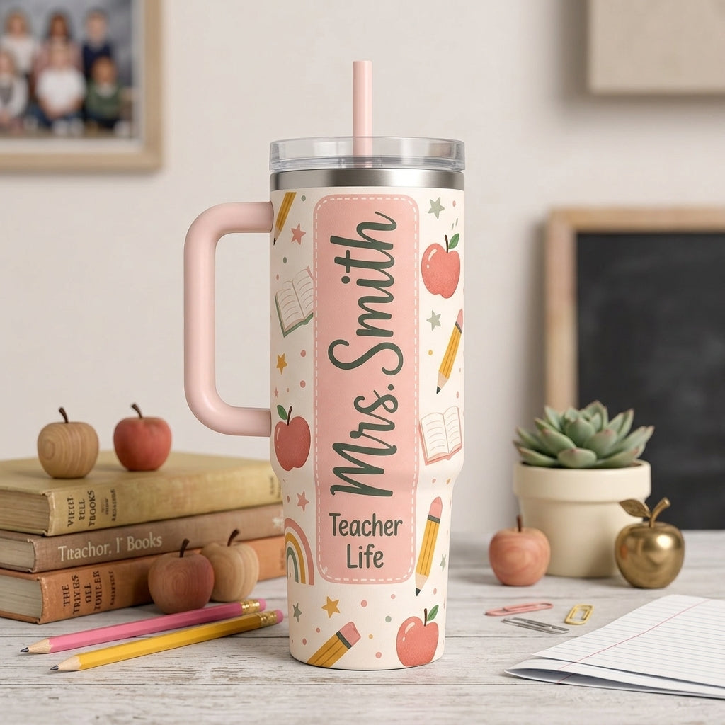 Personalized Teacher Life 40oz Tumbler with Handle - Custom Name & Grade School Gift