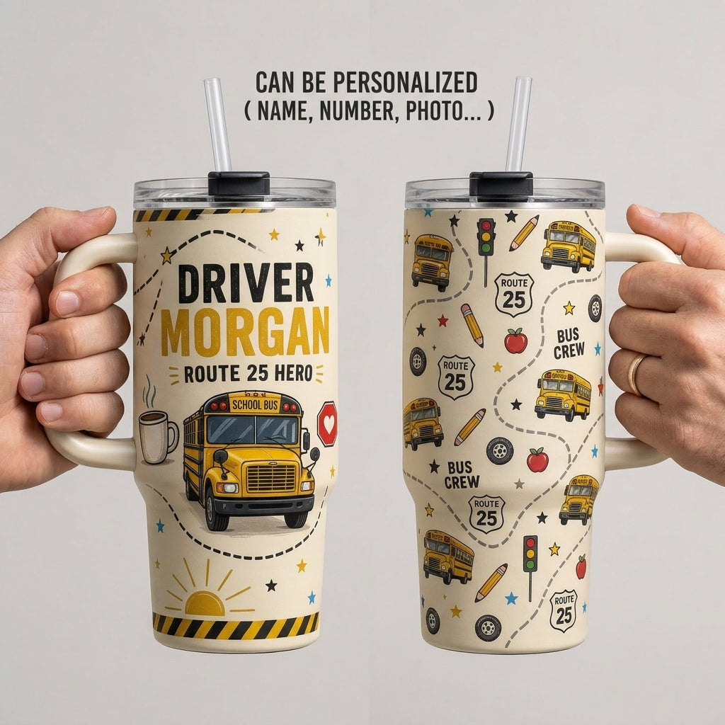 Personalized School Bus Driver 40oz Tumbler with Handle - Custom Name & Route Hero Gift