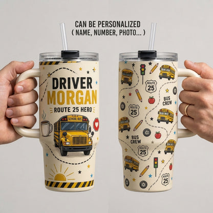 Personalized School Bus Driver 40oz Tumbler with Handle - Custom Name & Route Hero Gift