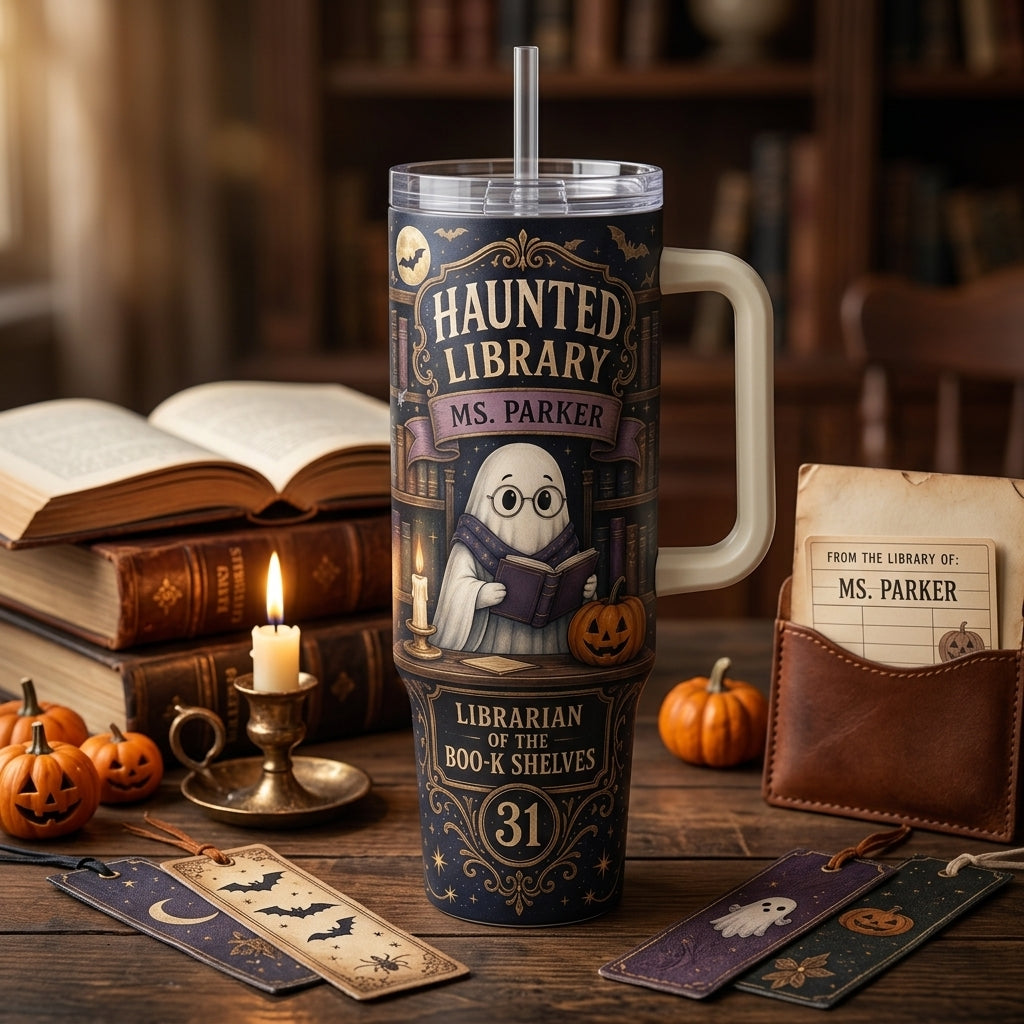 Personalized Haunted Library 40oz Tumbler with Handle, Custom Librarian Book Lover Halloween Gift