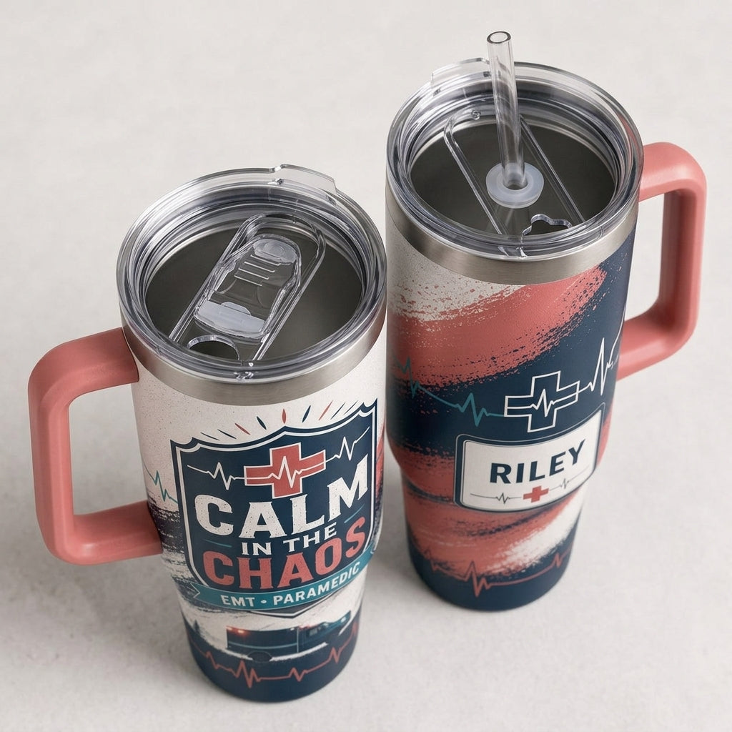 Personalized EMT Paramedic Calm in the Chaos 40oz Tumbler with Handle, Custom Name First Responder Gift product view 5