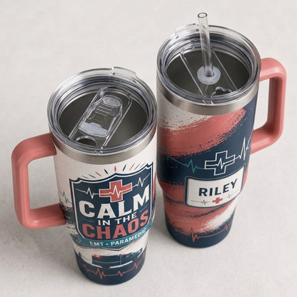 Personalized EMT Paramedic Calm in the Chaos 40oz Tumbler with Handle, Custom Name First Responder Gift product view 5