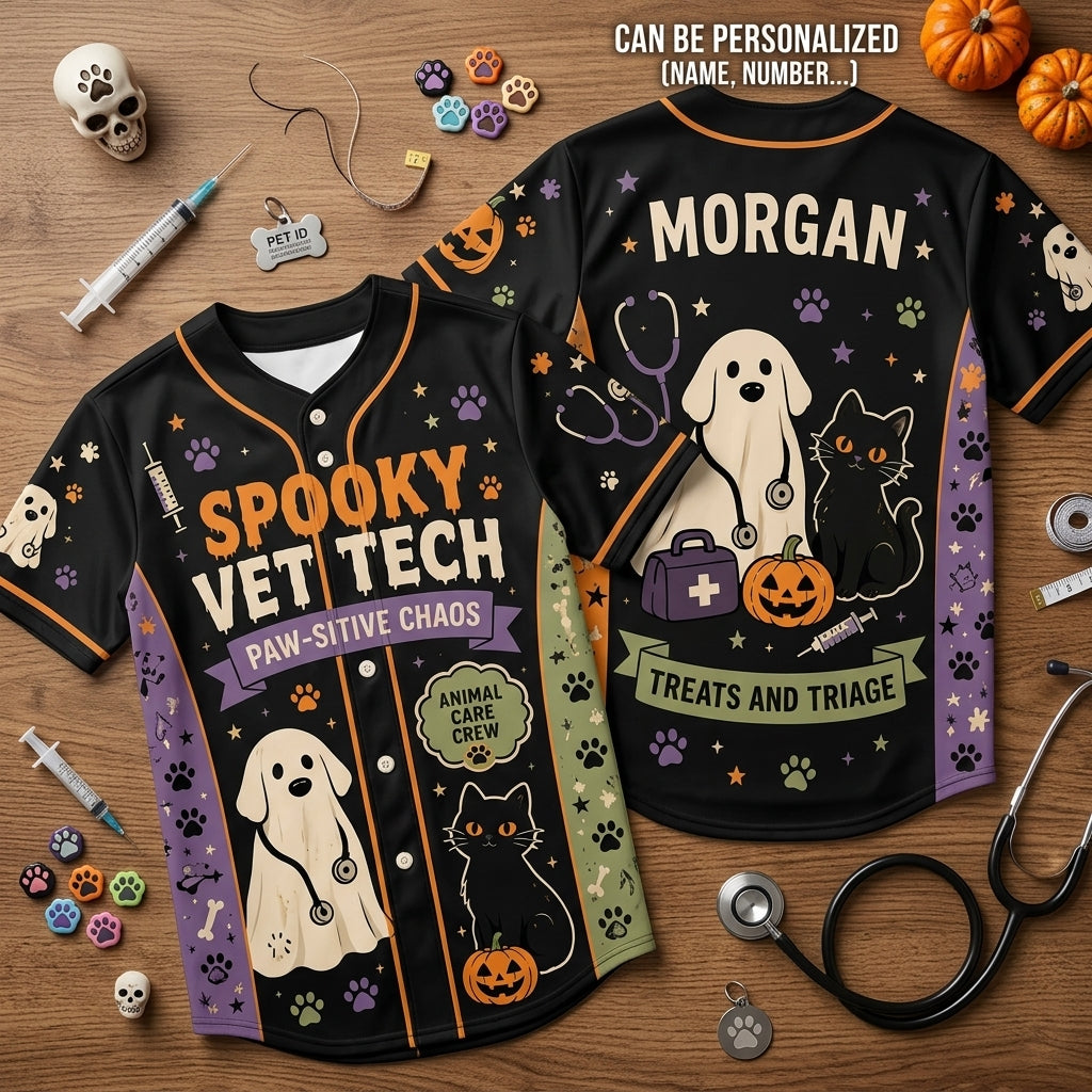 Personalized Spooky Vet Tech Halloween Baseball Jersey - Custom Name Veterinary Assistant Gift