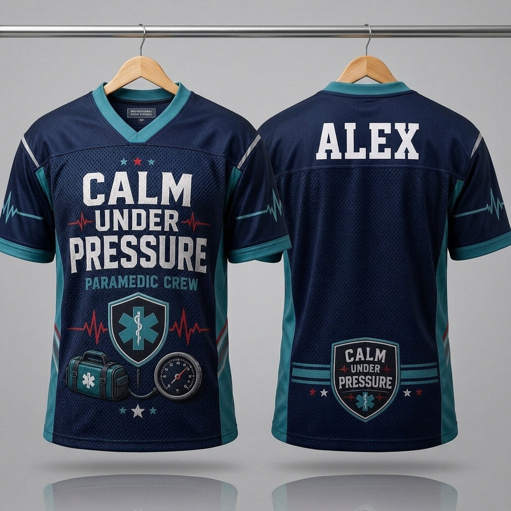 Personalized Paramedic Crew Football Jersey - Custom Name Calm Under Pressure Mesh Sportswear for EMS First Responders