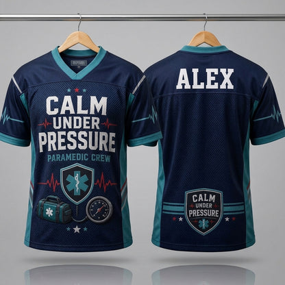 Personalized Paramedic Crew Football Jersey - Custom Name Calm Under Pressure Mesh Sportswear for EMS First Responders