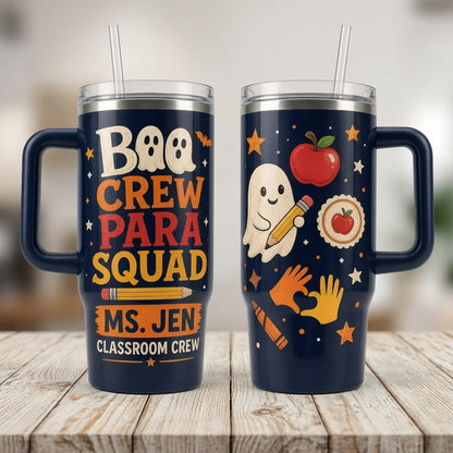 Personalized Boo Crew Para Squad 40oz Tumbler with Handle - Custom Teacher Halloween Paraprofessional Gift