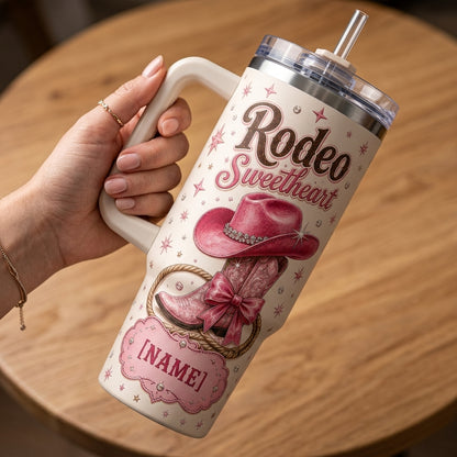 Personalized Rodeo Sweetheart 40oz Tumbler with Handle - Custom Pink Cowgirl Boots & Western Theme Gift