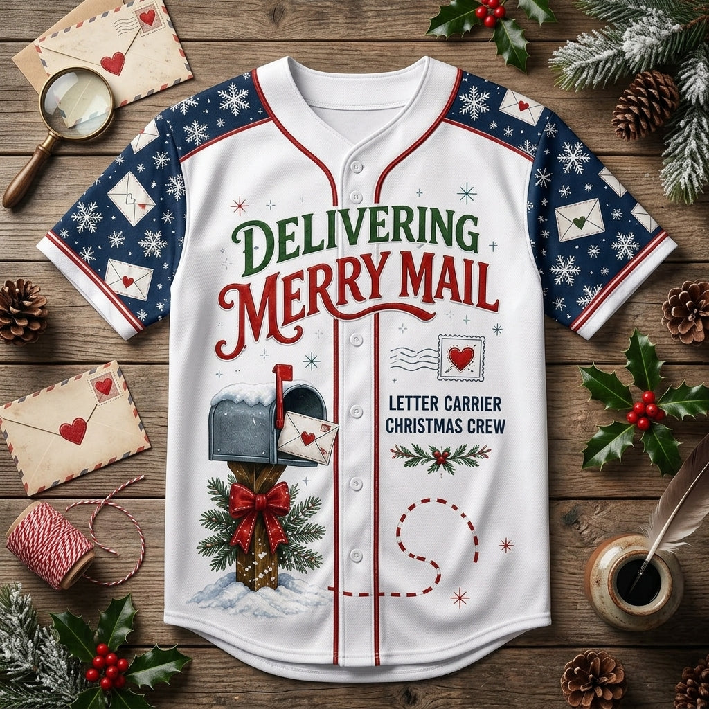 Personalized Mail Carrier Christmas Baseball Jersey - Custom Name North Pole Route Helper Postal Worker Gift