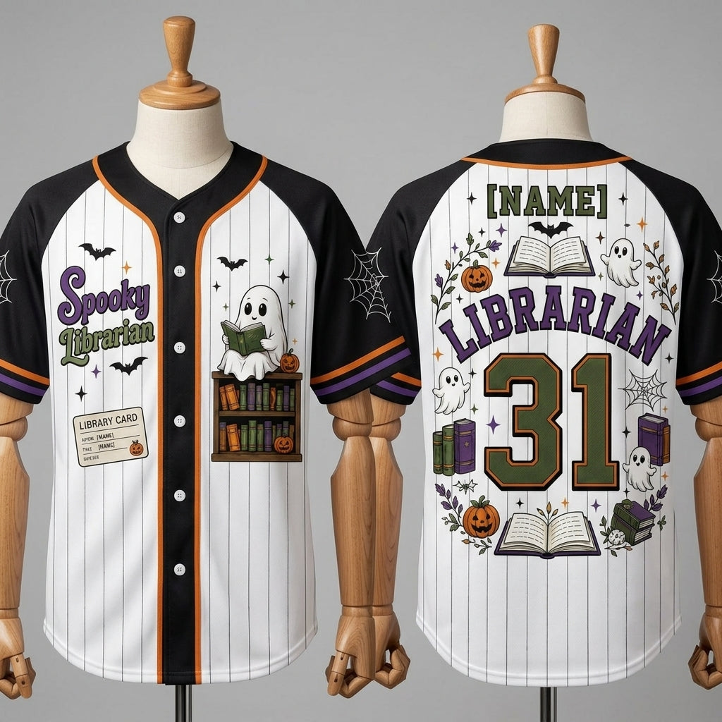 Personalized Spooky Librarian Halloween Baseball Jersey - Custom Name Ghost Bookish Gift for Teachers