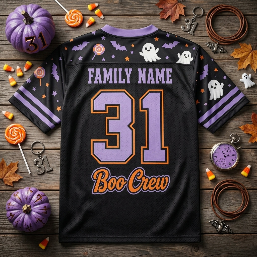 Personalized Boo Crew Halloween Football Jersey - Custom Family Name & Number Spooky Ghost Mesh Jersey