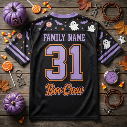 Personalized Boo Crew Halloween Football Jersey - Custom Family Name & Number Spooky Ghost Mesh Jersey