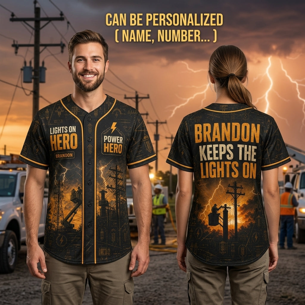Personalized Lineman Baseball Jersey - Custom Name Lights On Hero Electrical Worker Apparel