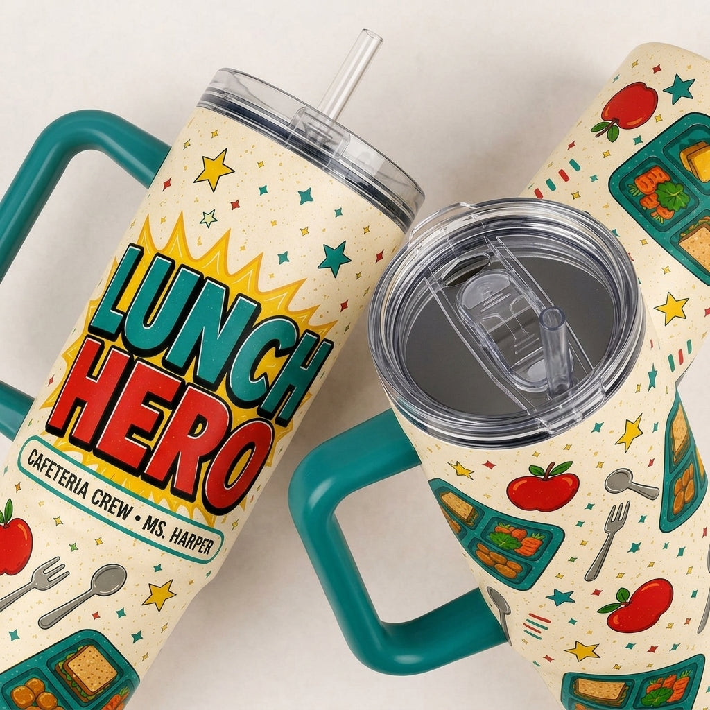 Personalized Lunch Hero 40oz Tumbler with Handle - Custom Name Cafeteria Crew & School Staff Gift