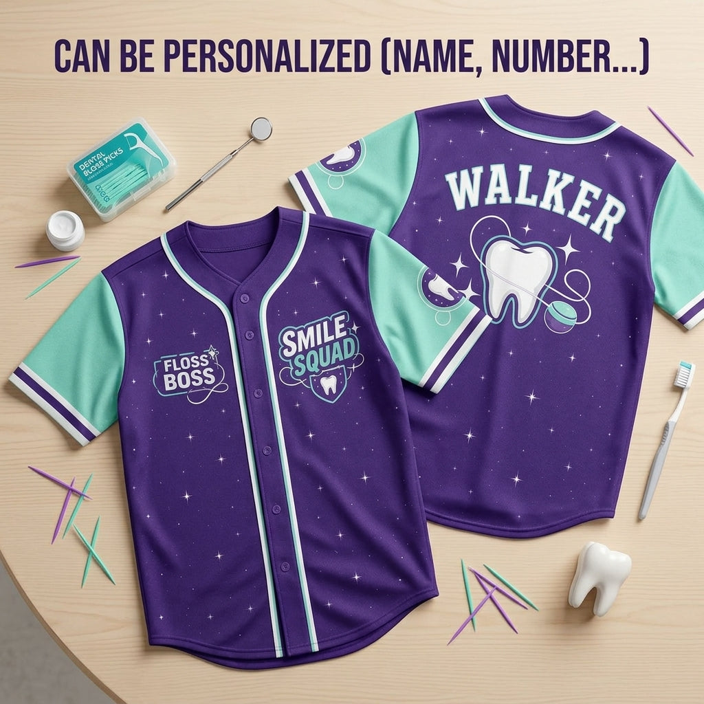Personalized Smile Squad Baseball Jersey - Custom Name Floss Boss Gift for Dentist & Dental Hygienist