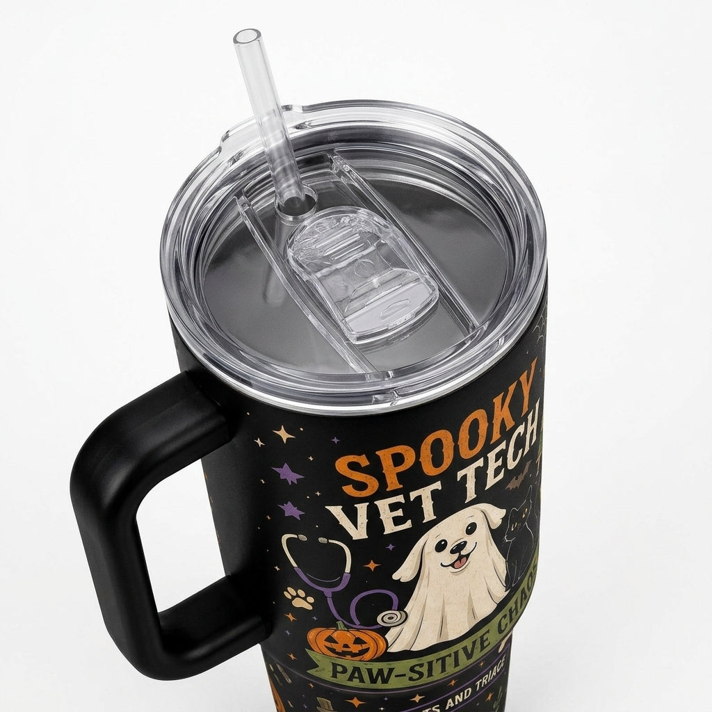 Personalized Spooky Vet Tech 40oz Tumbler with Handle - Custom Name Halloween Veterinary Gift