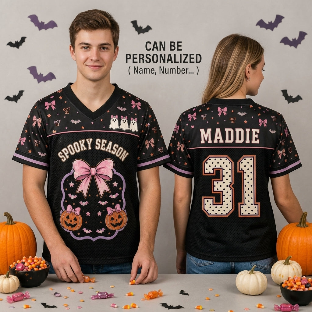 Personalized Spooky Season Halloween Football Jersey - Custom Name & Number Coquette Ghost Pink Bow Mesh Jersey