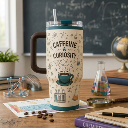Personalized Caffeine & Curiosity 40oz Tumbler with Handle - Custom Science Teacher & STEM Gift Travel Mug