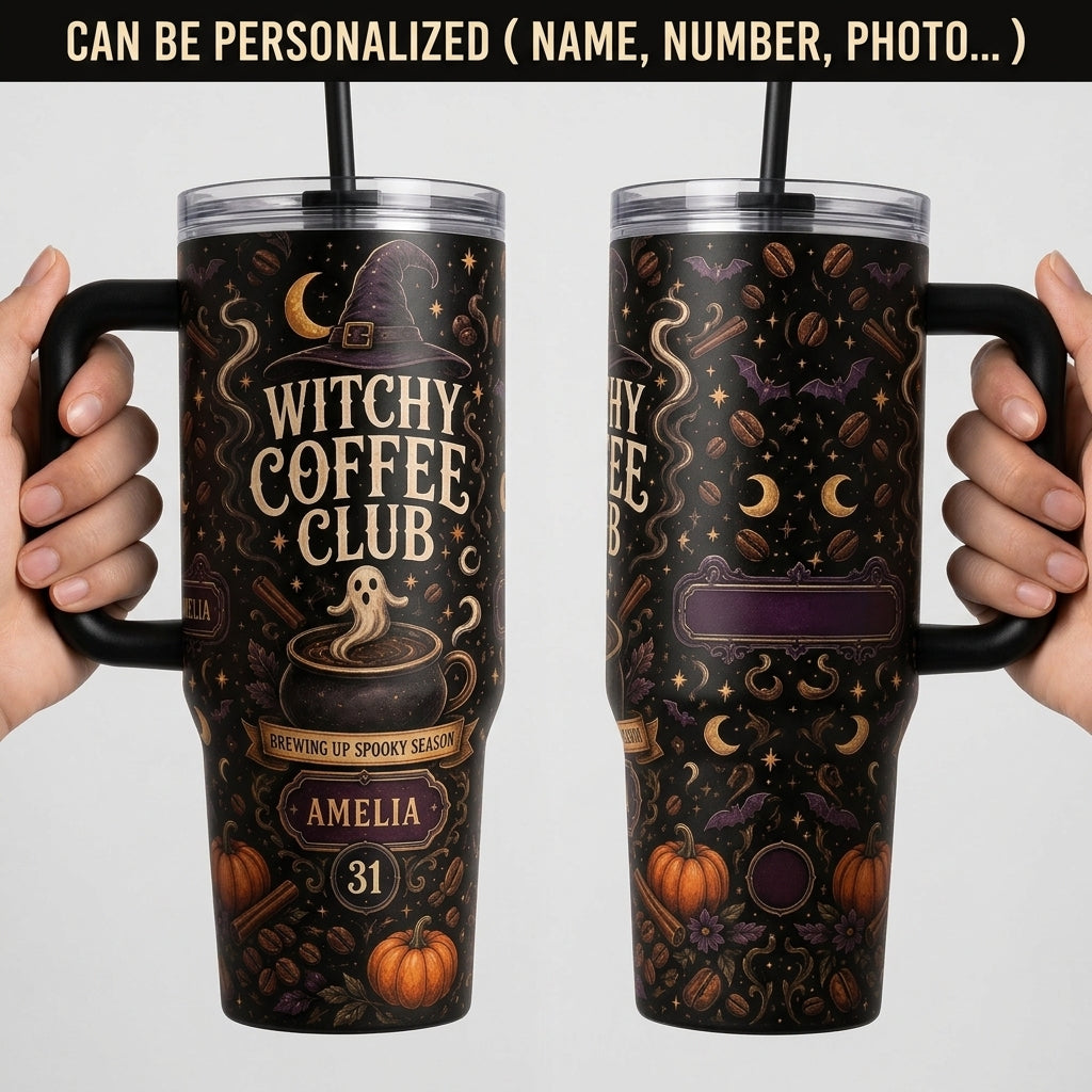 Personalized Witchy Coffee Club 40oz Tumbler with Handle - Custom Halloween Name & Age Gift