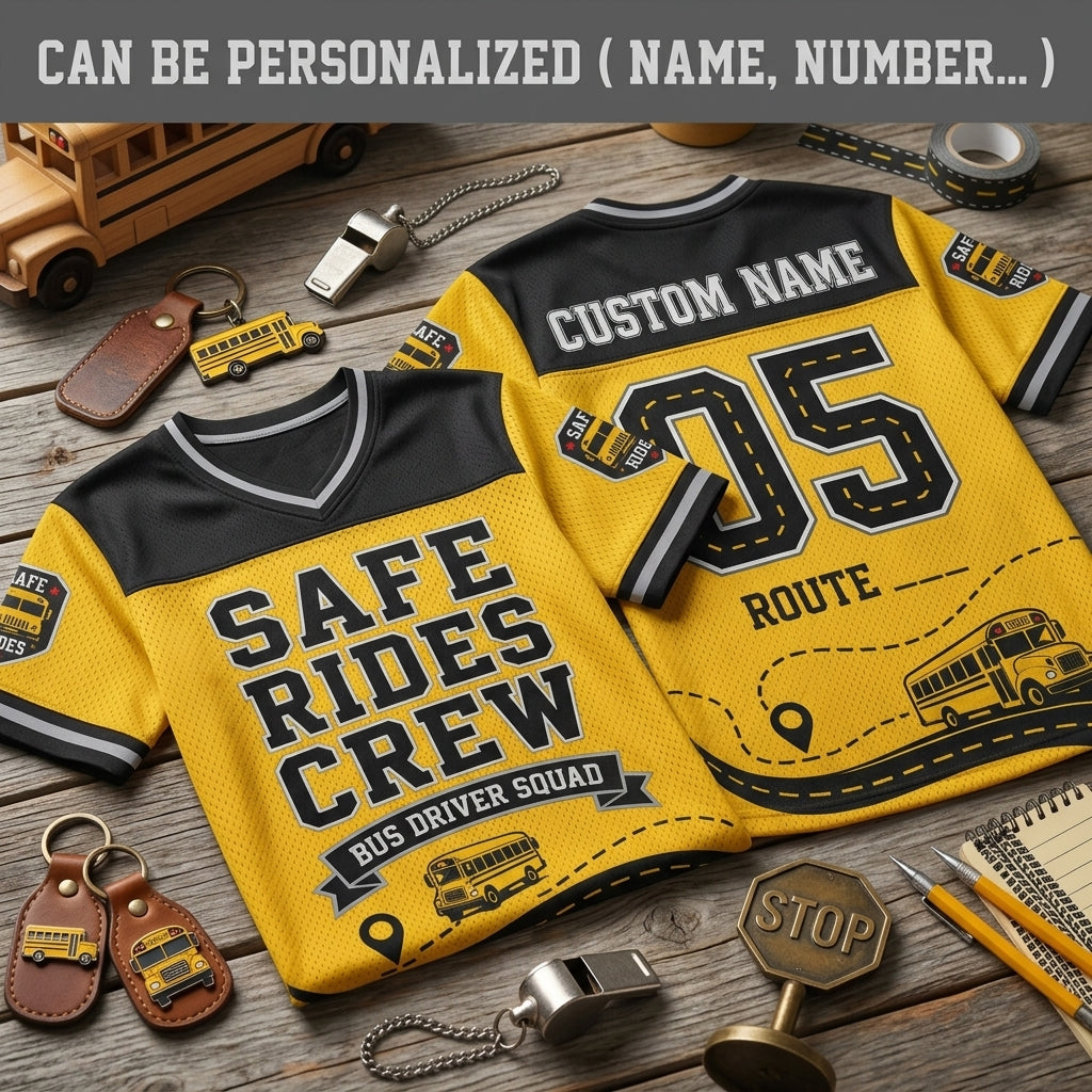 Personalized Bus Driver Safe Rides Crew Football Jersey - Custom Name & Route Squad Shirt