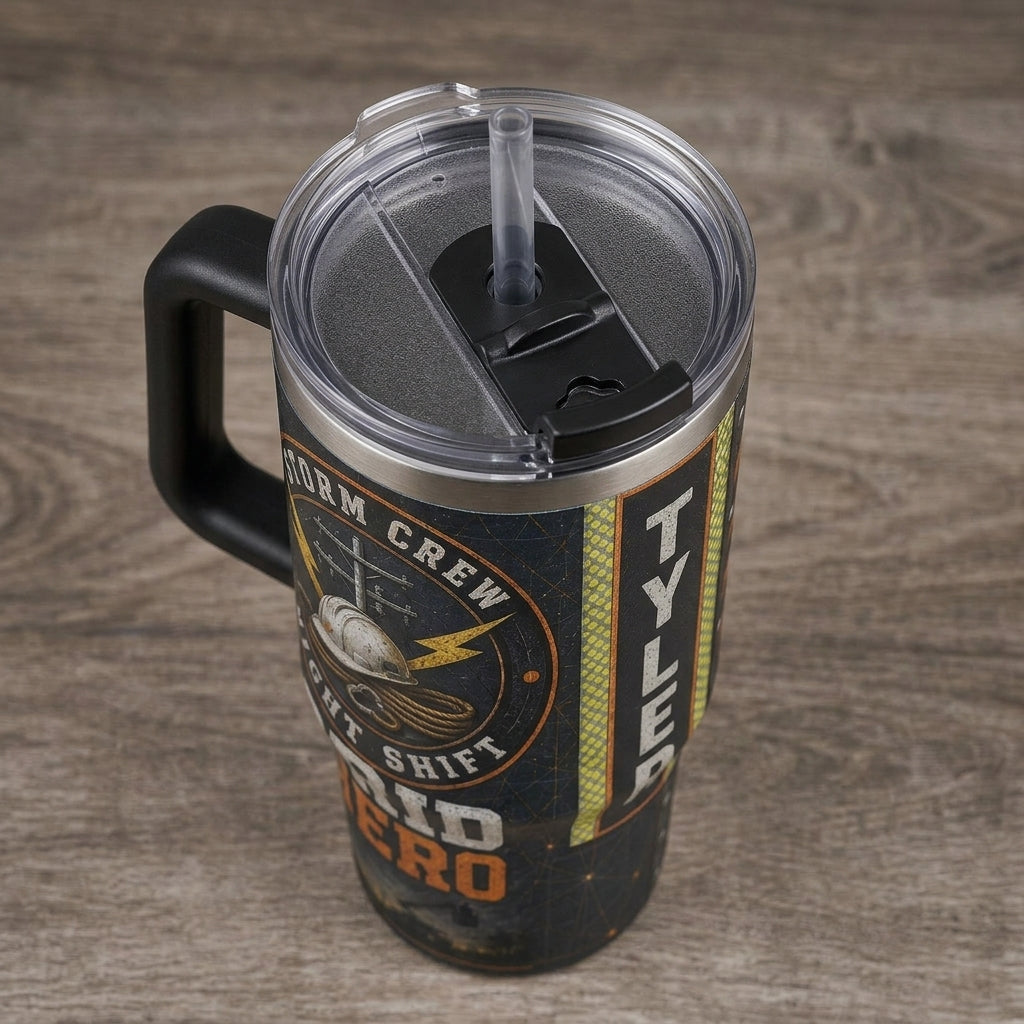 Personalized Lineman 40oz Tumbler with Handle - Storm Crew Grid Hero Gift for Utility Workers & Night Shift Crews product view 5