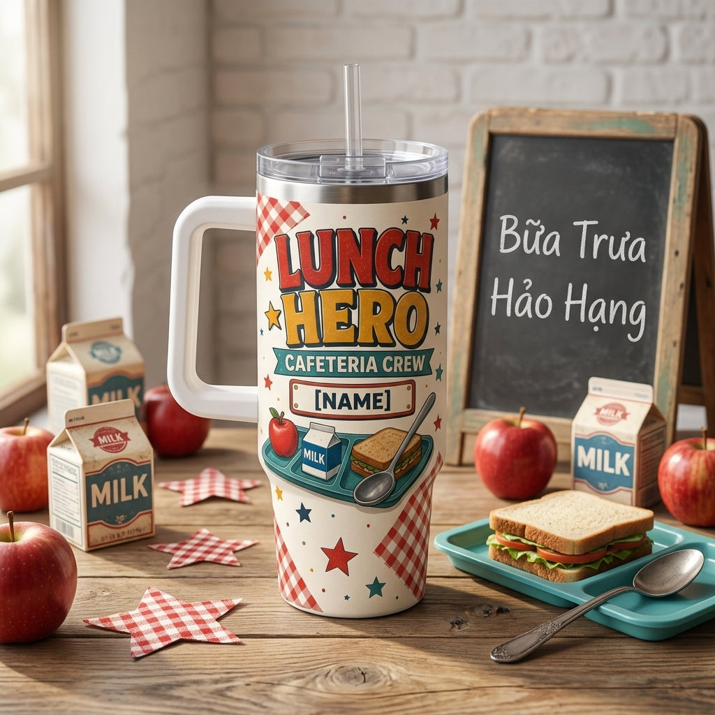 Personalized Lunch Hero Cafeteria Crew 40oz Tumbler with Handle - Custom Name School Gift - 40oz tumbler mockup 3