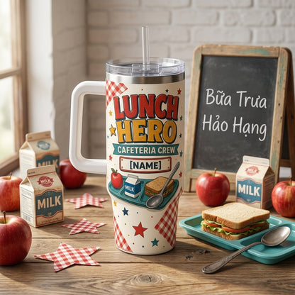 Personalized Lunch Hero Cafeteria Crew 40oz Tumbler with Handle - Custom Name School Gift - 40oz tumbler mockup 3