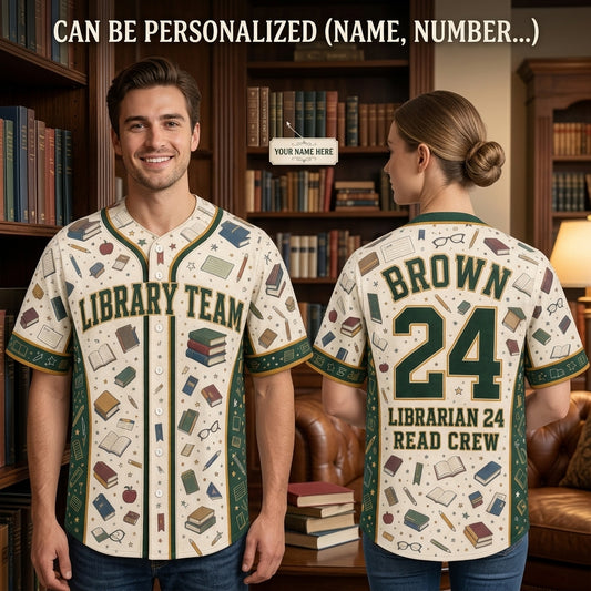 Personalized Library Team Baseball Jersey - Custom Name & Number Librarian Shirt - Book Lover Read Crew Apparel