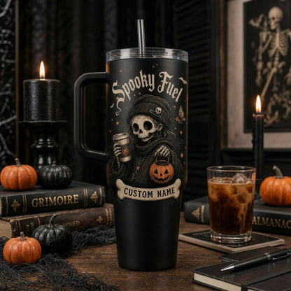 Personalized Spooky Fuel 40oz Tumbler with Handle - Custom Name Halloween Skeleton Coffee Mug