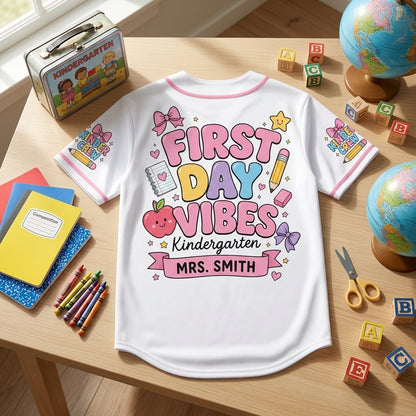 Personalized First Day Vibes Kindergarten Baseball Jersey - Custom Name Kinder Crew Teacher Shirt