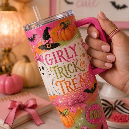 Girly Trick or Treat Halloween 40oz Tumbler with Handle, Pink Coquette Ghost & Pumpkin Water Bottle