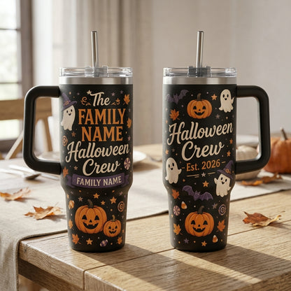 Personalized Halloween Crew 40oz Tumbler with Handle - Custom Family Name Ghost & Pumpkin Insulated Mug