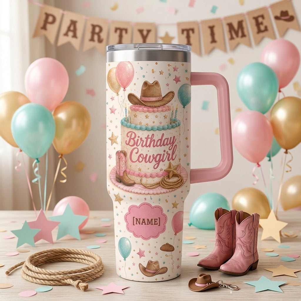 Personalized Birthday Cowgirl 40oz Tumbler with Handle, Custom Name Western Theme Gift