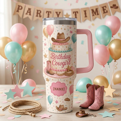 Personalized Birthday Cowgirl 40oz Tumbler with Handle, Custom Name Western Theme Gift