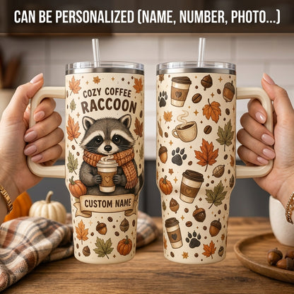 Personalized Cozy Coffee Raccoon 40oz Tumbler with Handle - Custom Fall Autumn Gift