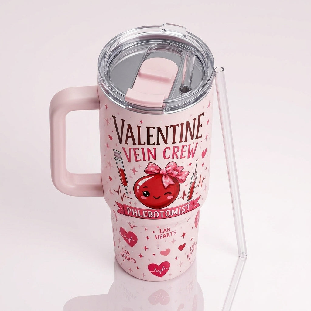 Personalized Valentine Vein Crew Phlebotomist 40oz Tumbler with Handle - Custom Name Gift for Lab Techs